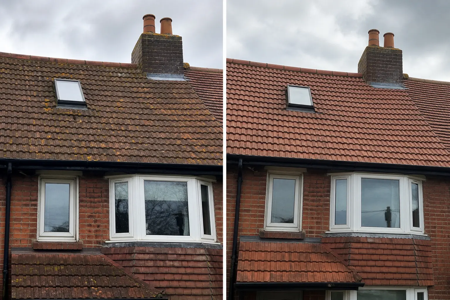 Before and after roof cleaning in Dublin: red clay tiled roof with lichen on the left, bright clean terracotta tiles on the right