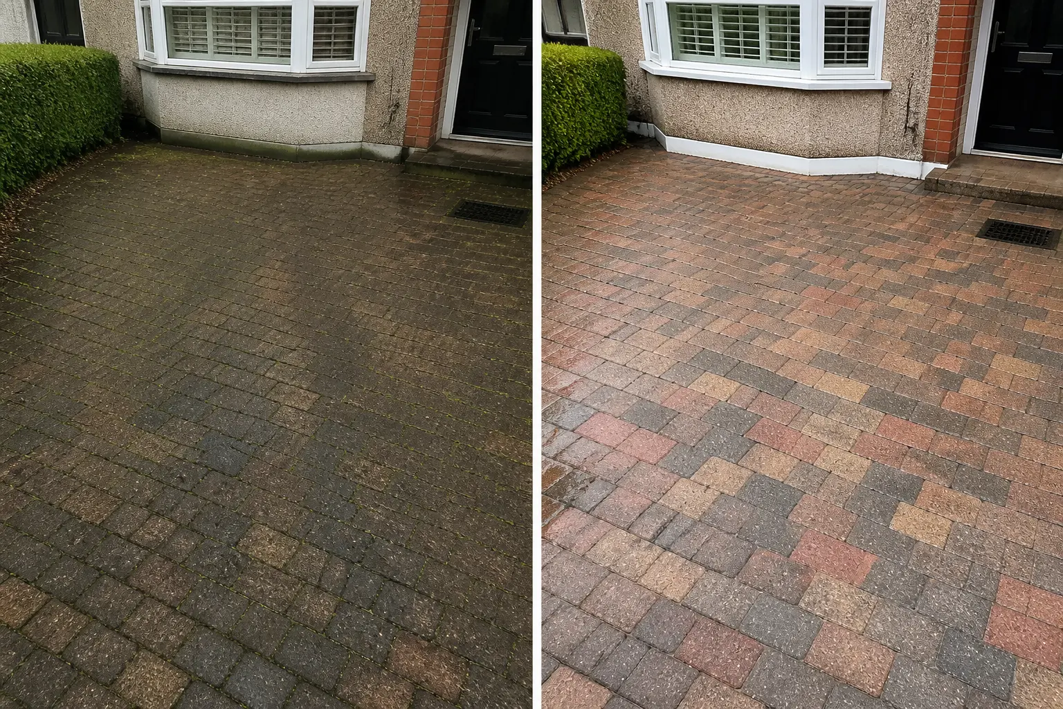 Before and after driveway cleaning in Dublin: cobblelock driveway dulled by moss on the left, colours restored after power washing on the right