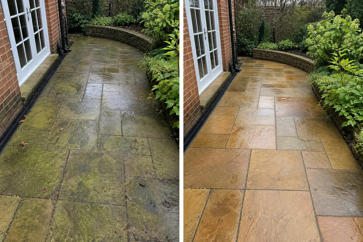 Before and after patio cleaning in Dublin: sandstone paving covered in green algae on the left, warm golden stone restored on the right