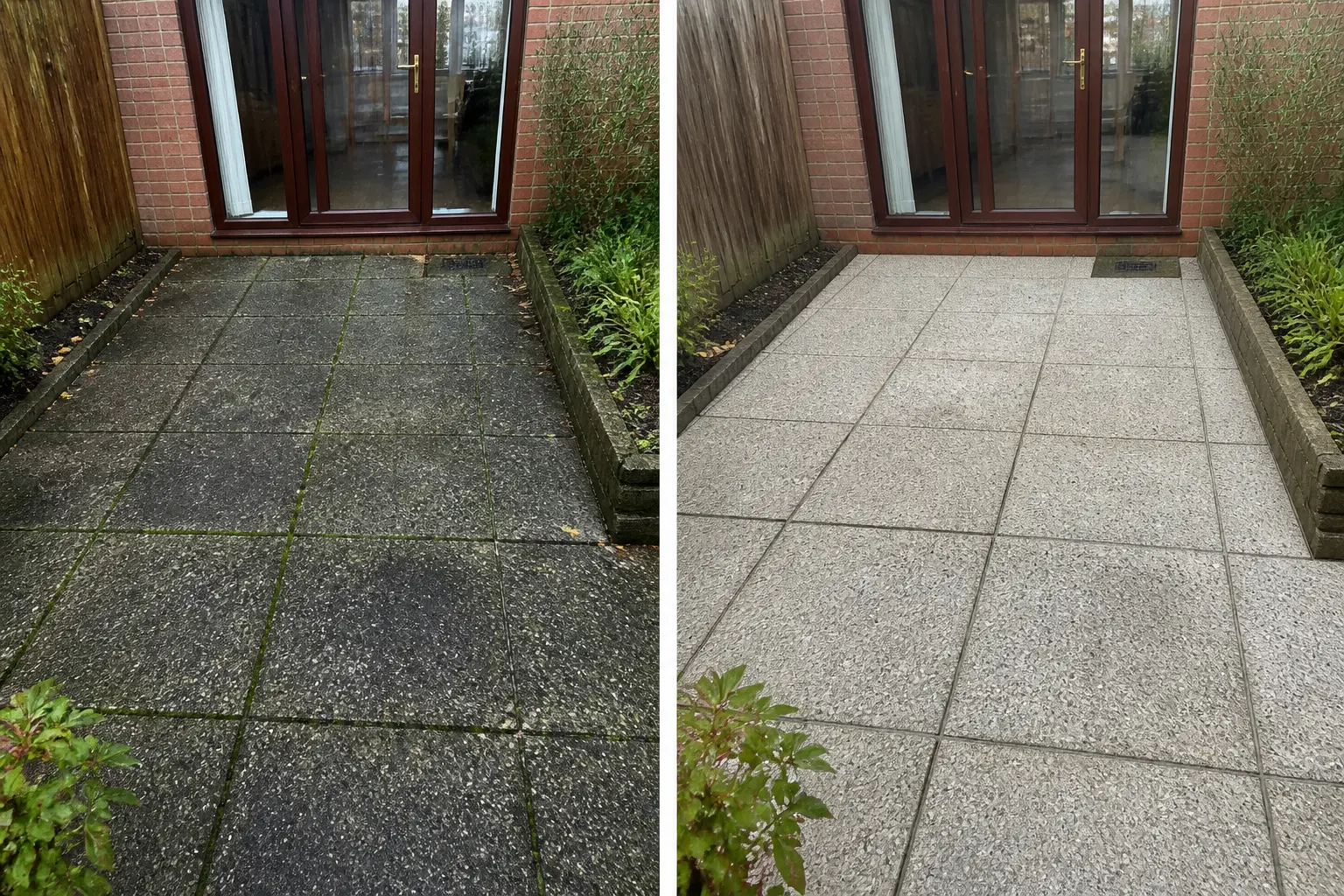 Before and after patio cleaning in Dublin: grey concrete slab patio darkened with algae and mossy joints on the left, bright clean slabs on the right