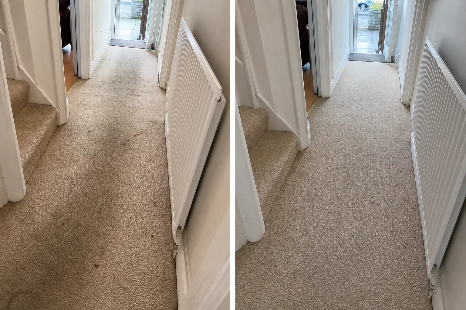 Before and after carpet cleaning in Dublin: dirty hallway traffic lane on the left, restored beige hallway carpet on the right