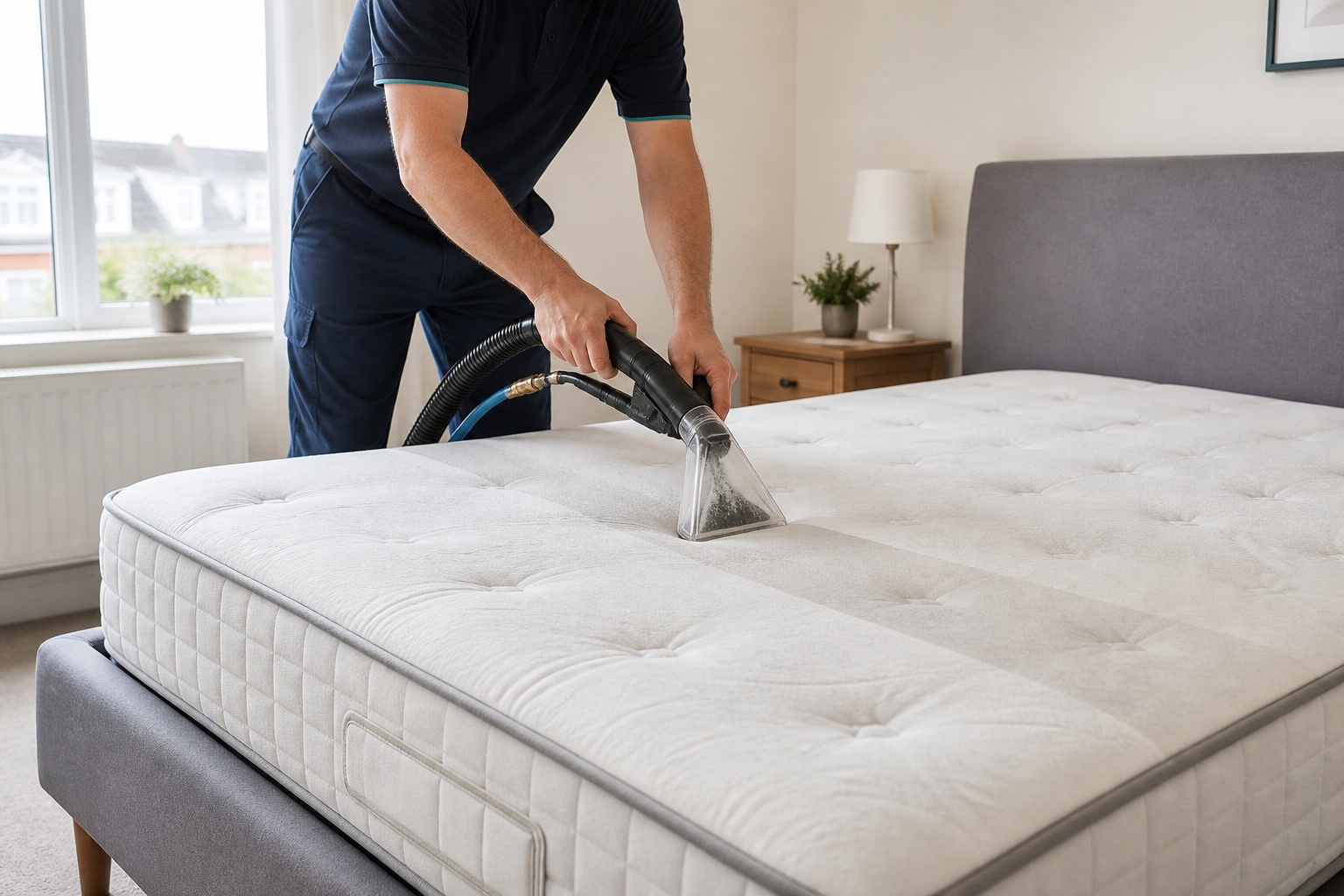 Technician deep cleaning a double mattress in a bright Dublin bedroom
