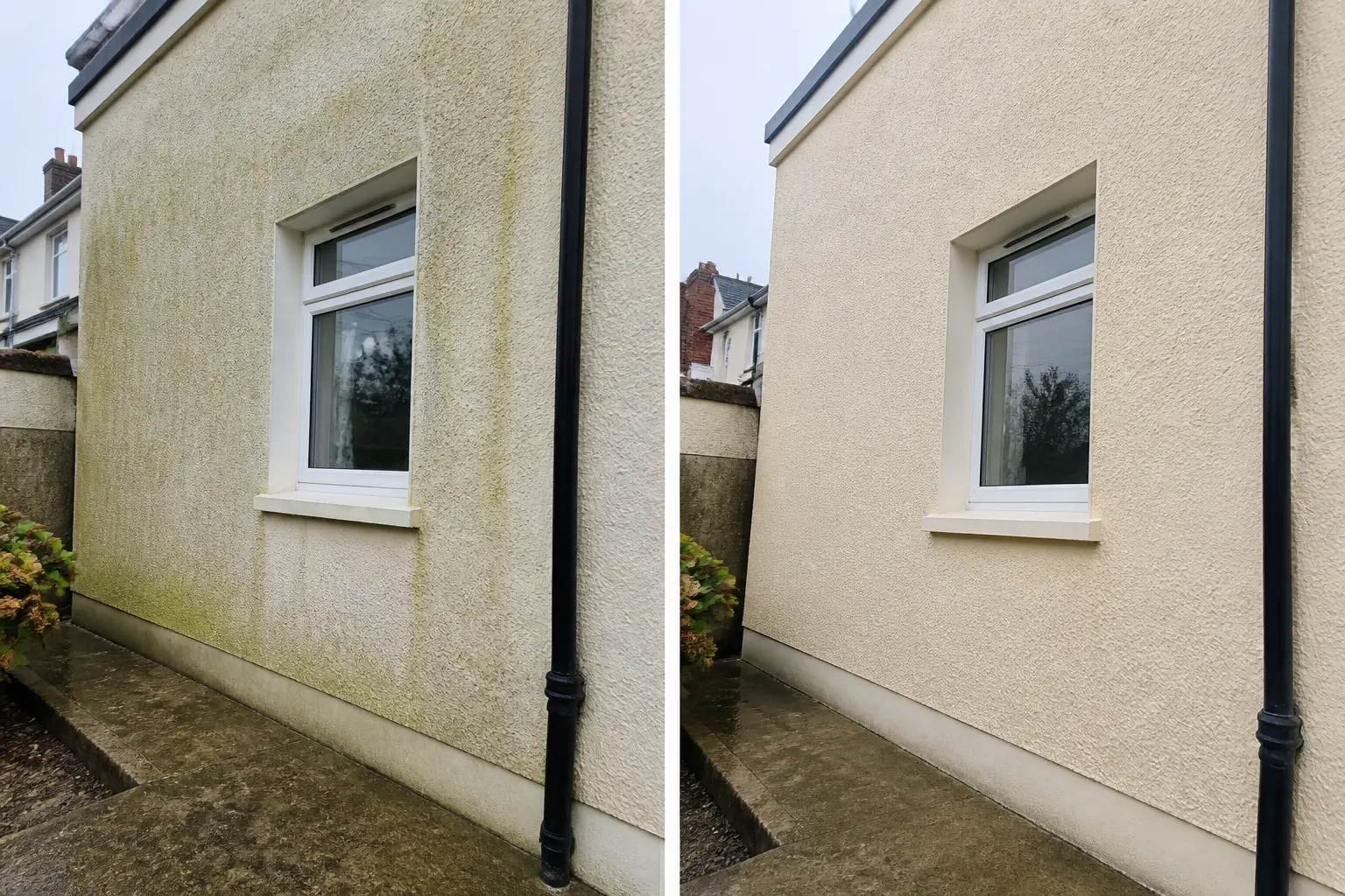 Before and after exterior wall cleaning in Dublin: rendered gable wall with green algae on the left, clean cream render on the right
