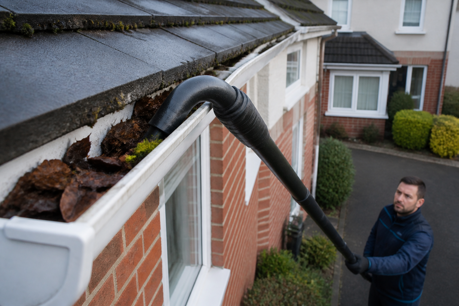 Gloved hands clearing leaves and moss from a blocked roof gutter
