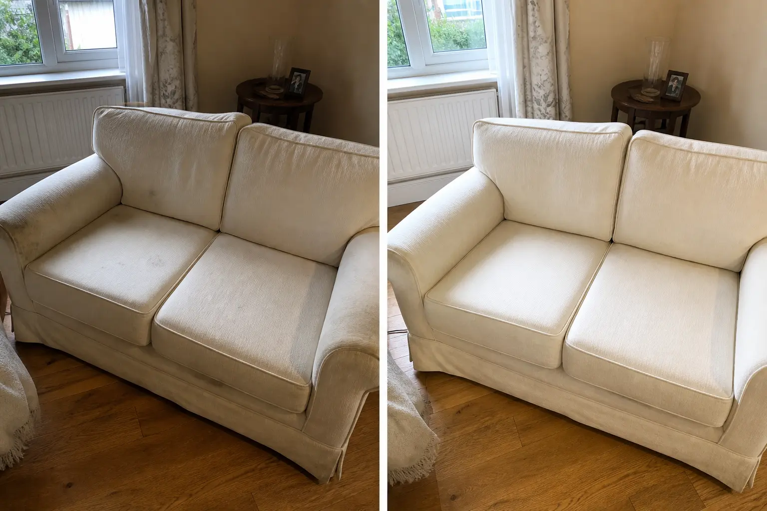 Before and after upholstery cleaning in Dublin: soiled cream two-seater sofa on the left, bright and clean on the right