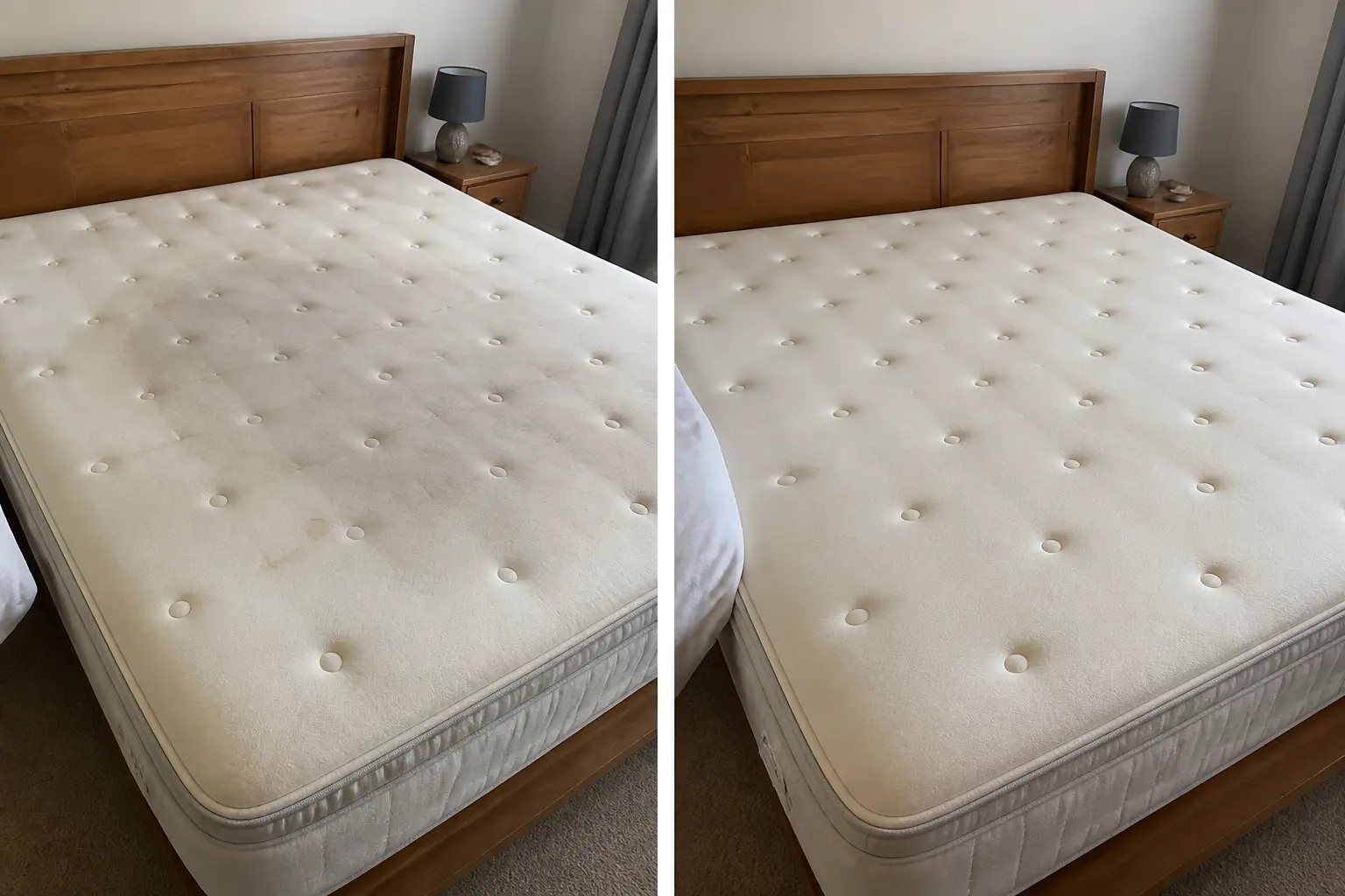 Before and after mattress cleaning in Dublin: king size pillow-top mattress with body soiling on the left, evenly clean on the right