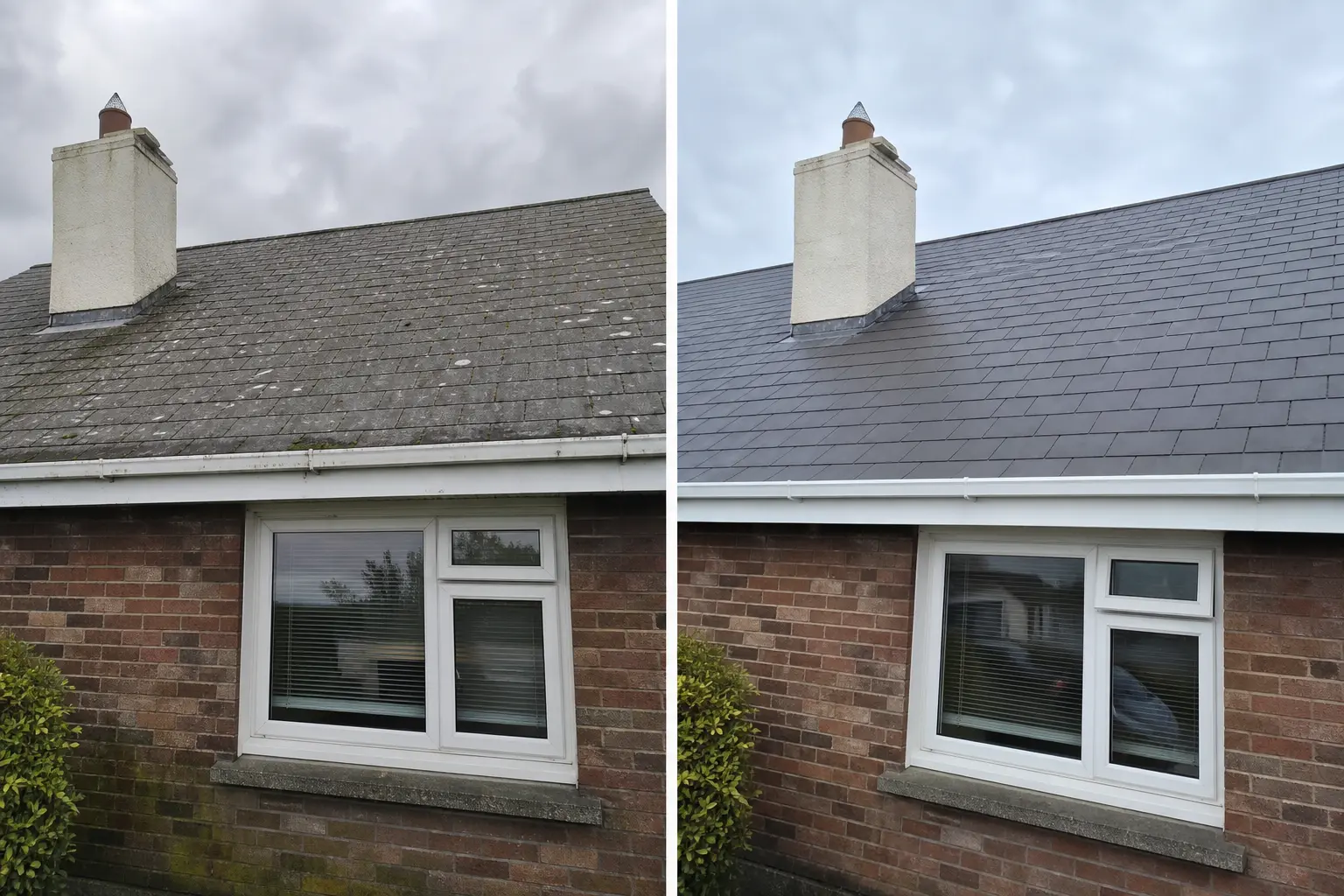 Before and after roof cleaning in Dublin: slate roof with lichen spotting on the left, uniform dark slate on the right