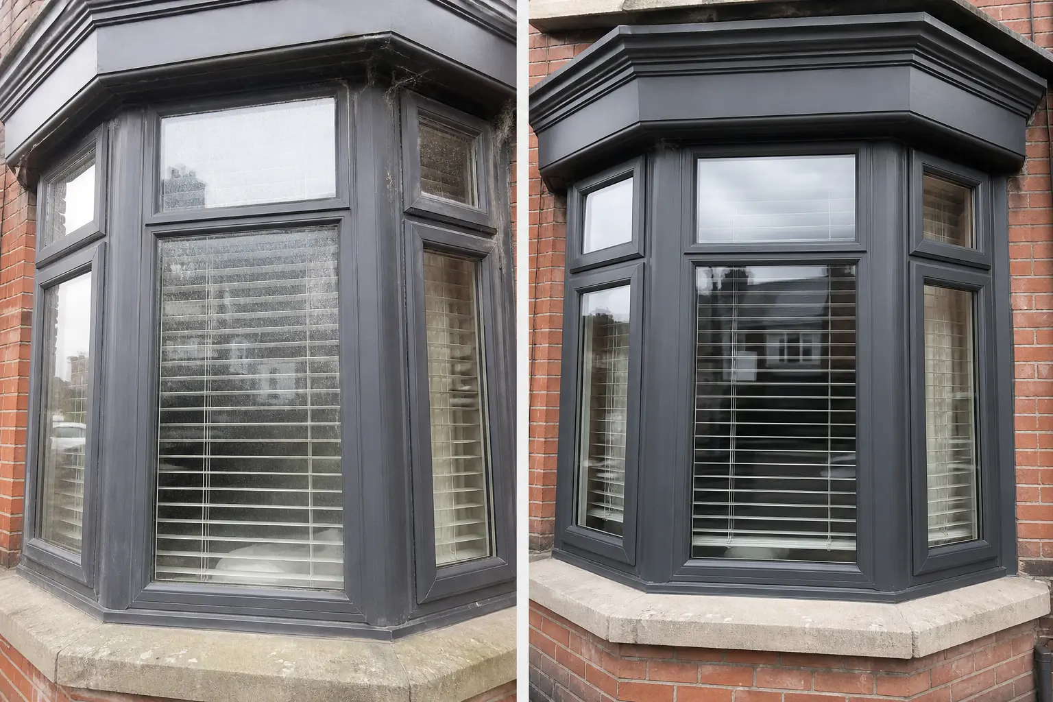 Before and after window cleaning in Dublin: anthracite bay window with cobwebs and grime on the left, spotless frames and glass on the right