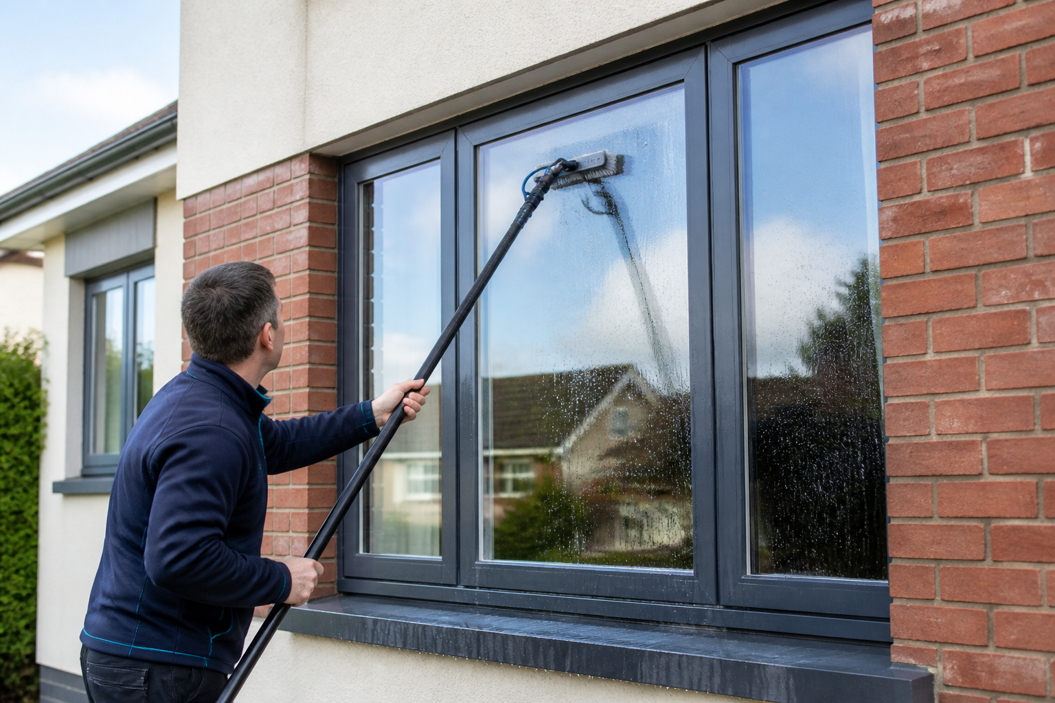 Window cleaner using a water-fed pole on a Dublin brick house