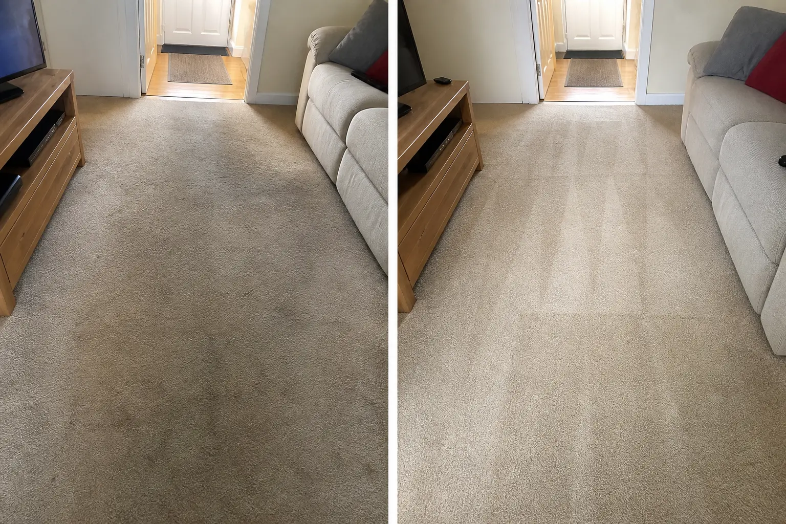 Before and after carpet cleaning in Dublin: heavily soiled living room carpet on the left, evenly clean with fresh vacuum lines on the right