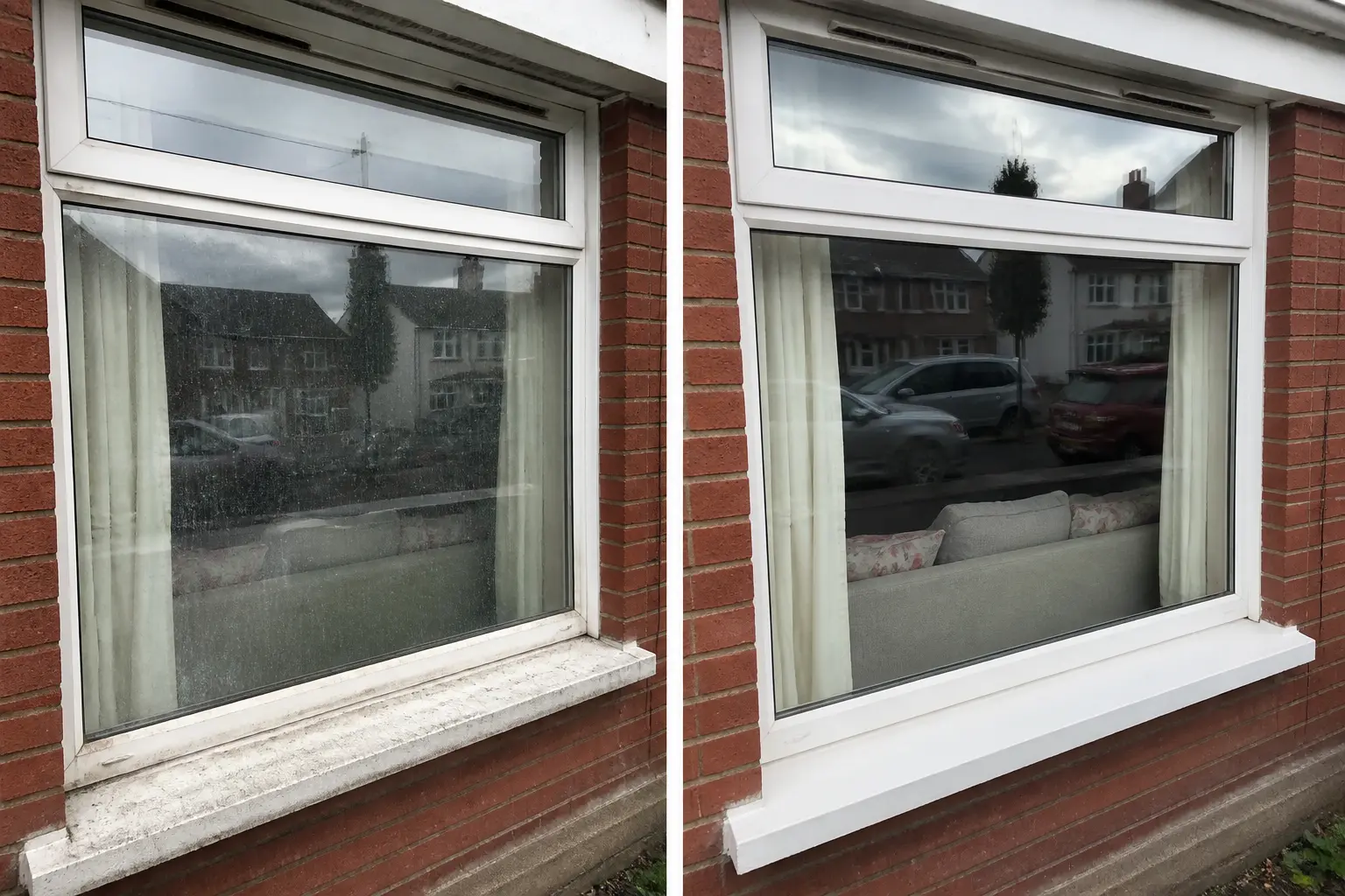 Before and after window cleaning in Dublin: grimy white uPVC window and dirty sill on the left, clear glass and bright frame on the right