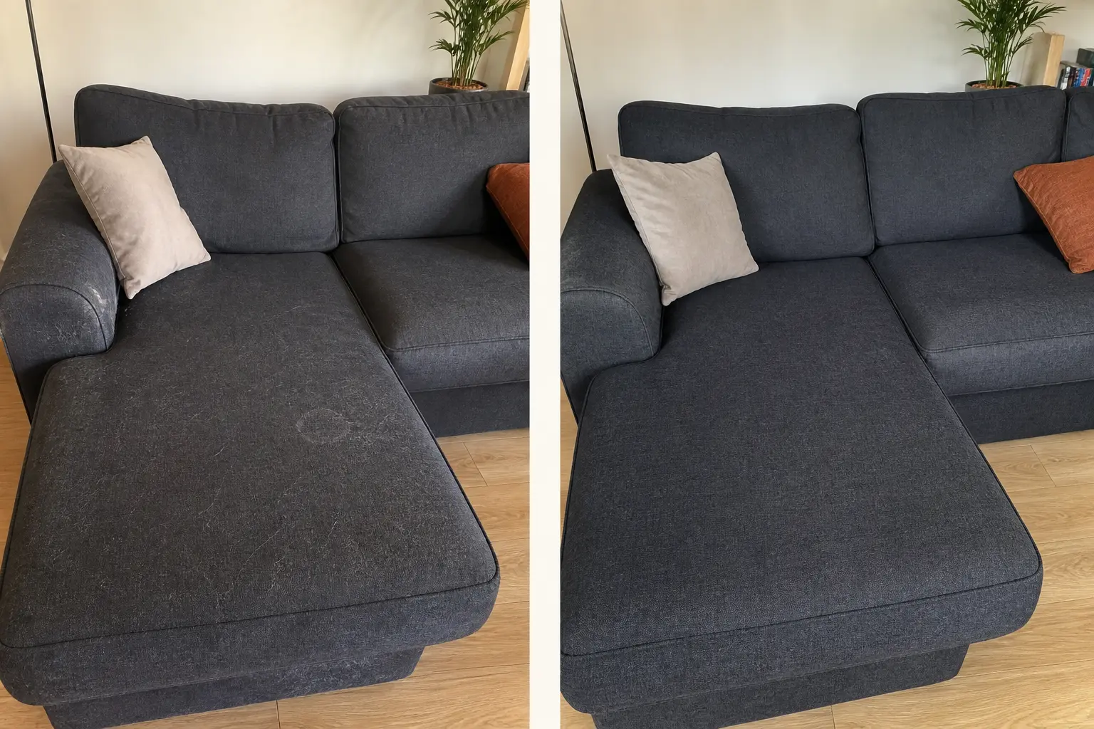 Before and after sofa cleaning in Dublin: dark grey corner sofa covered in pet hair and marks on the left, deep cleaned on the right