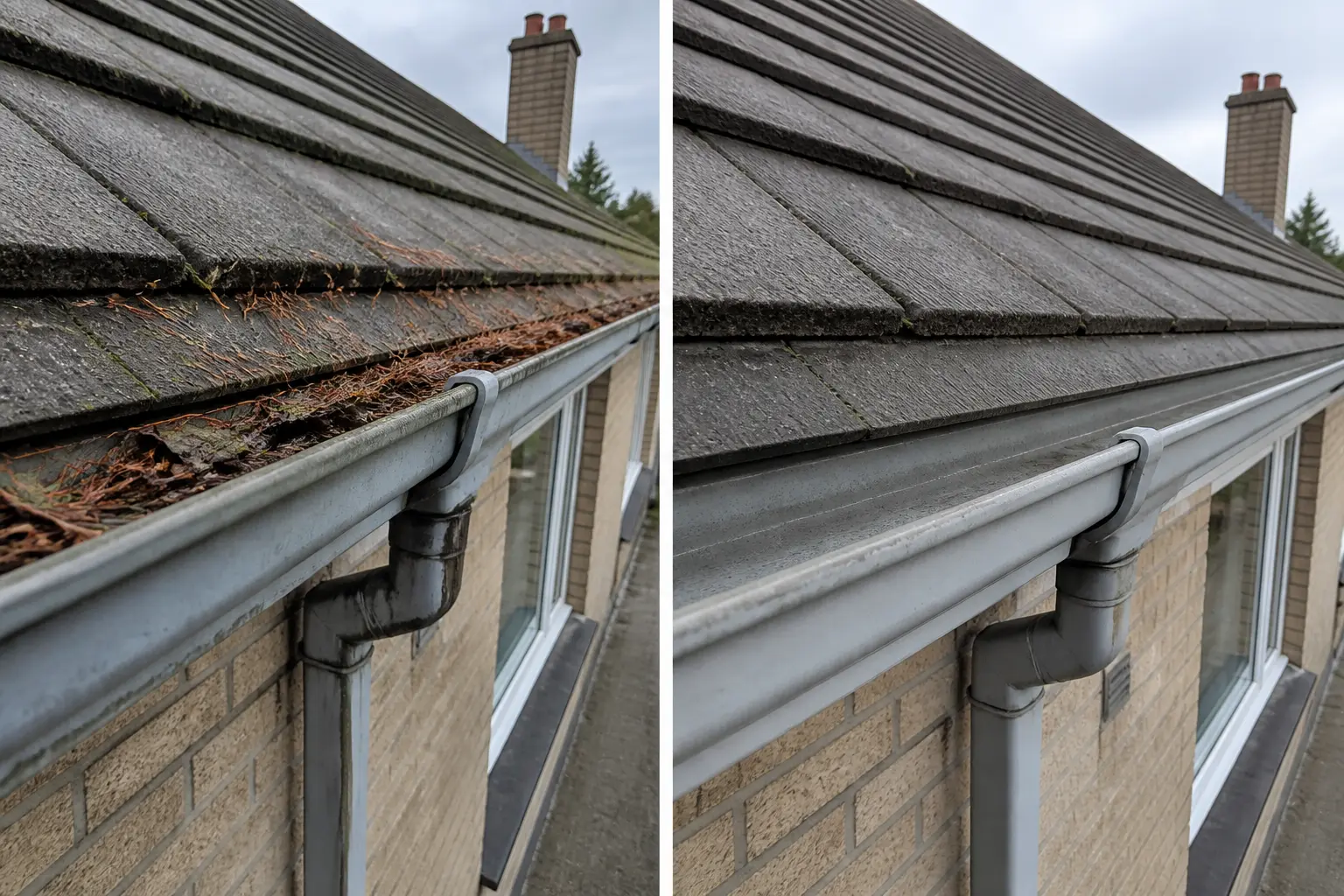 Before and after gutter cleaning in Dublin: gutter blocked with pine needles and moss on the left, fully cleared gutter on the right