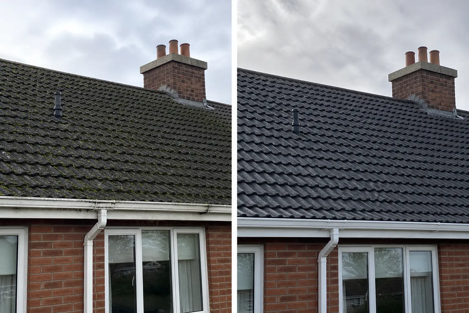 Before and after roof cleaning in Dublin: concrete tiled roof covered in green moss on the left, clean dark tiles on the right