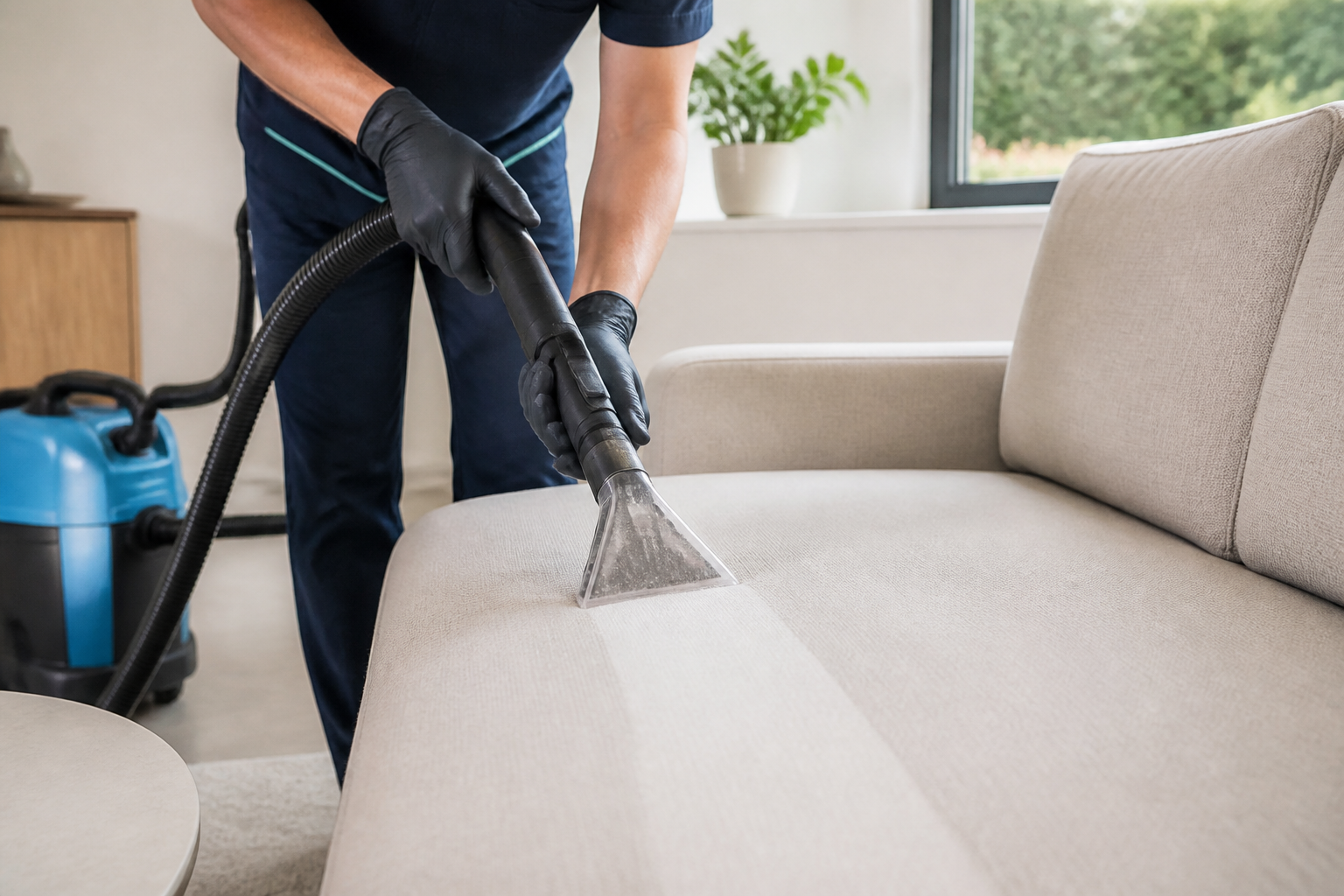 Technician hot water extraction cleaning a beige fabric sofa in a Dublin living room
