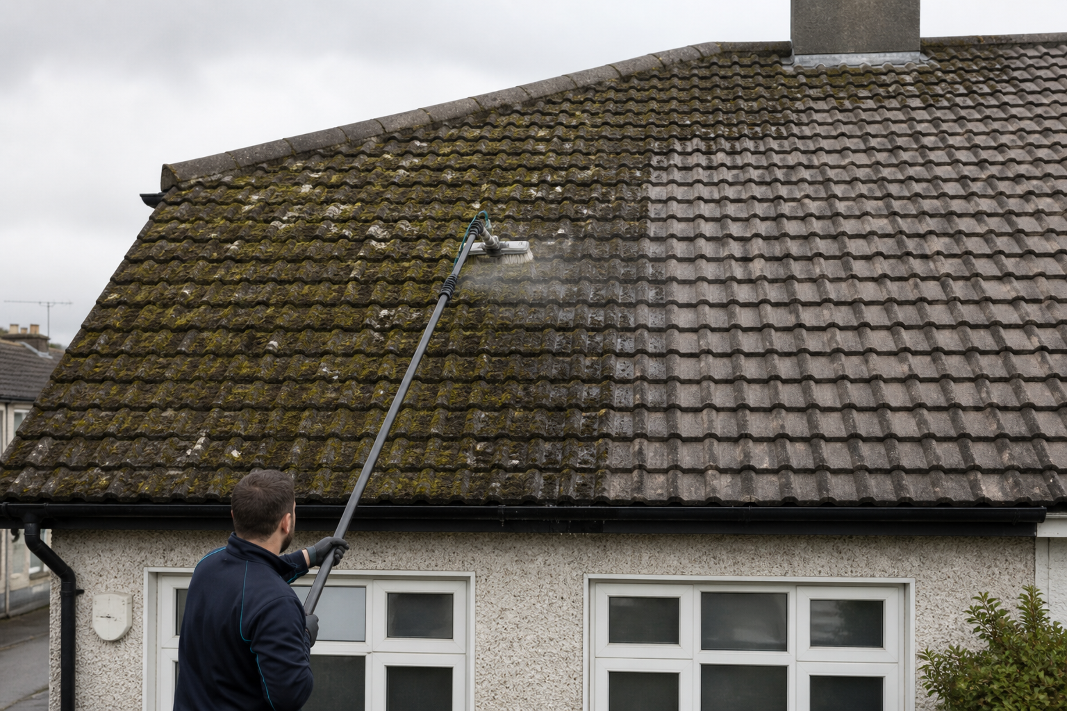 Roof moss removal on a tiled Irish roof, half cleaned
