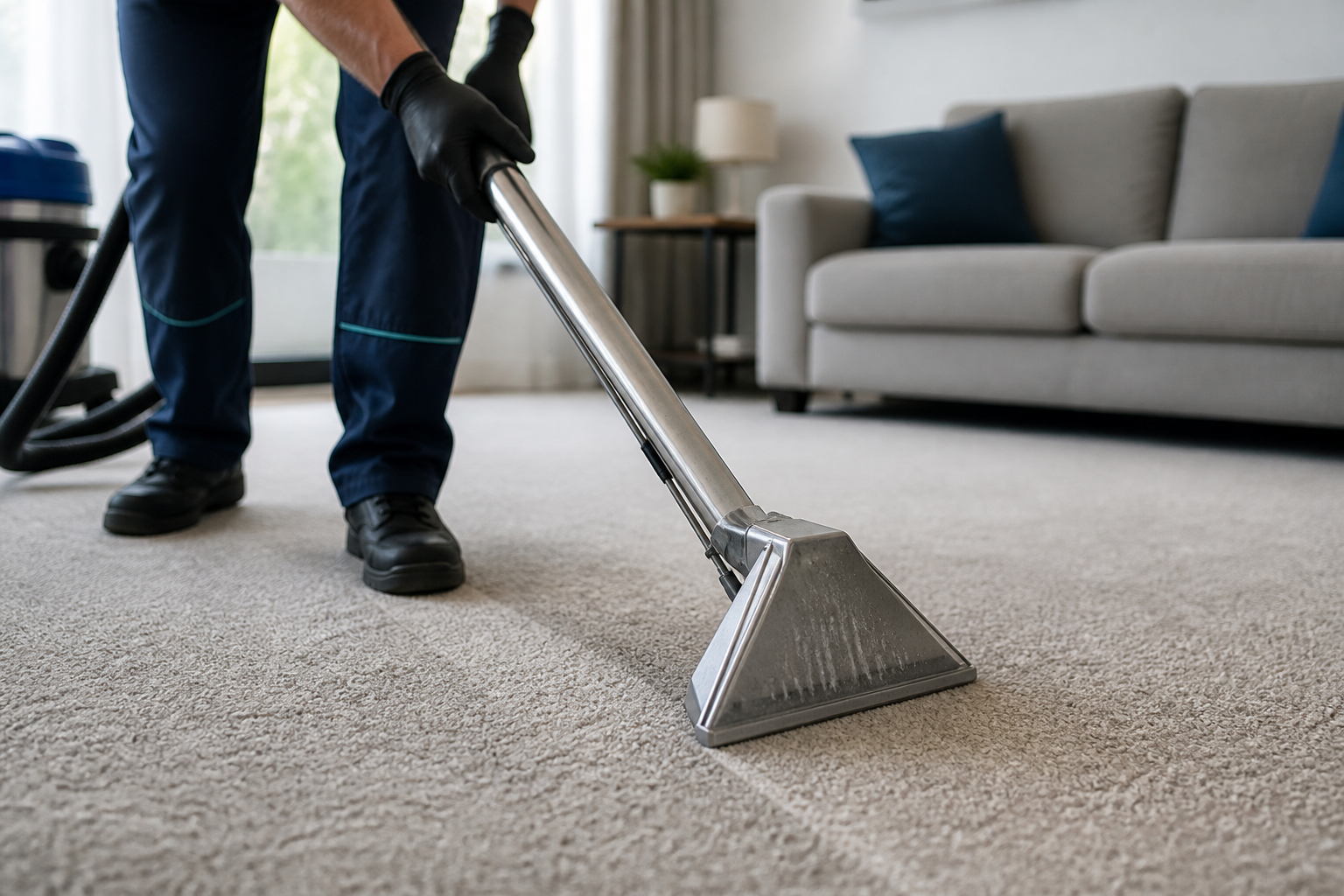 Technician extraction cleaning a beige living room carpet in a Dublin home