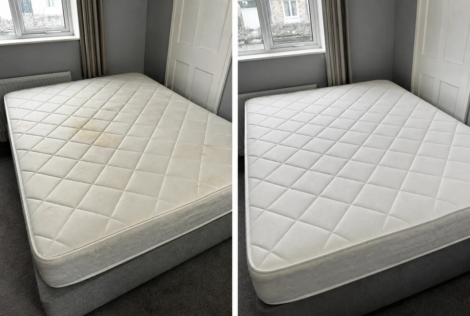 Before and after mattress cleaning in Dublin: double mattress with yellow stains on the left, clean white mattress on the right