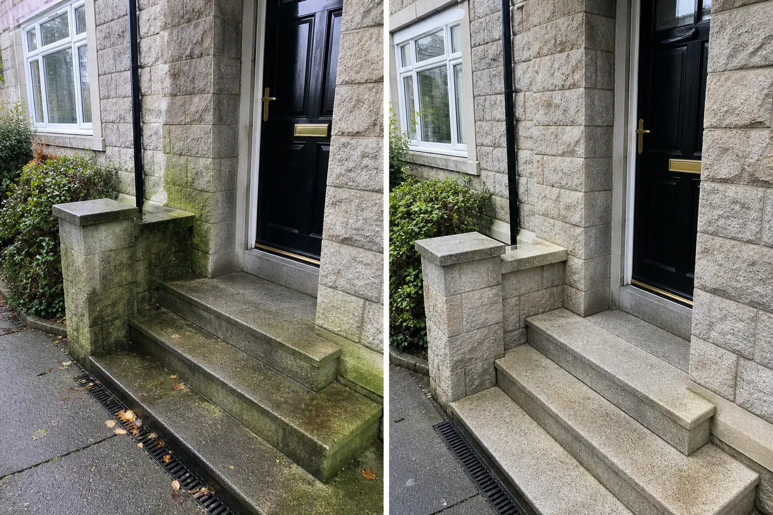 Before and after patio cleaning in Dublin: granite entrance steps covered in green algae on the left, clean pale stone steps on the right