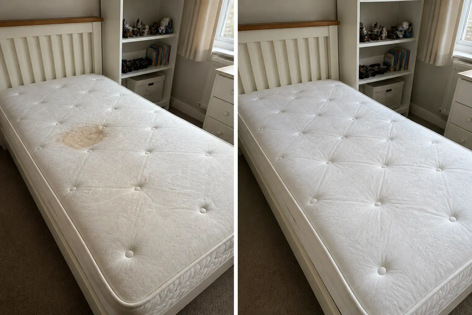 Before and after mattress cleaning in Dublin: single mattress with a large urine stain on the left, clean and sanitised on the right