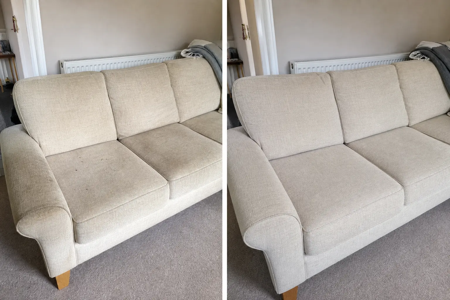 Before and after sofa cleaning in Dublin: stained beige three-seater fabric sofa on the left, clean and refreshed on the right