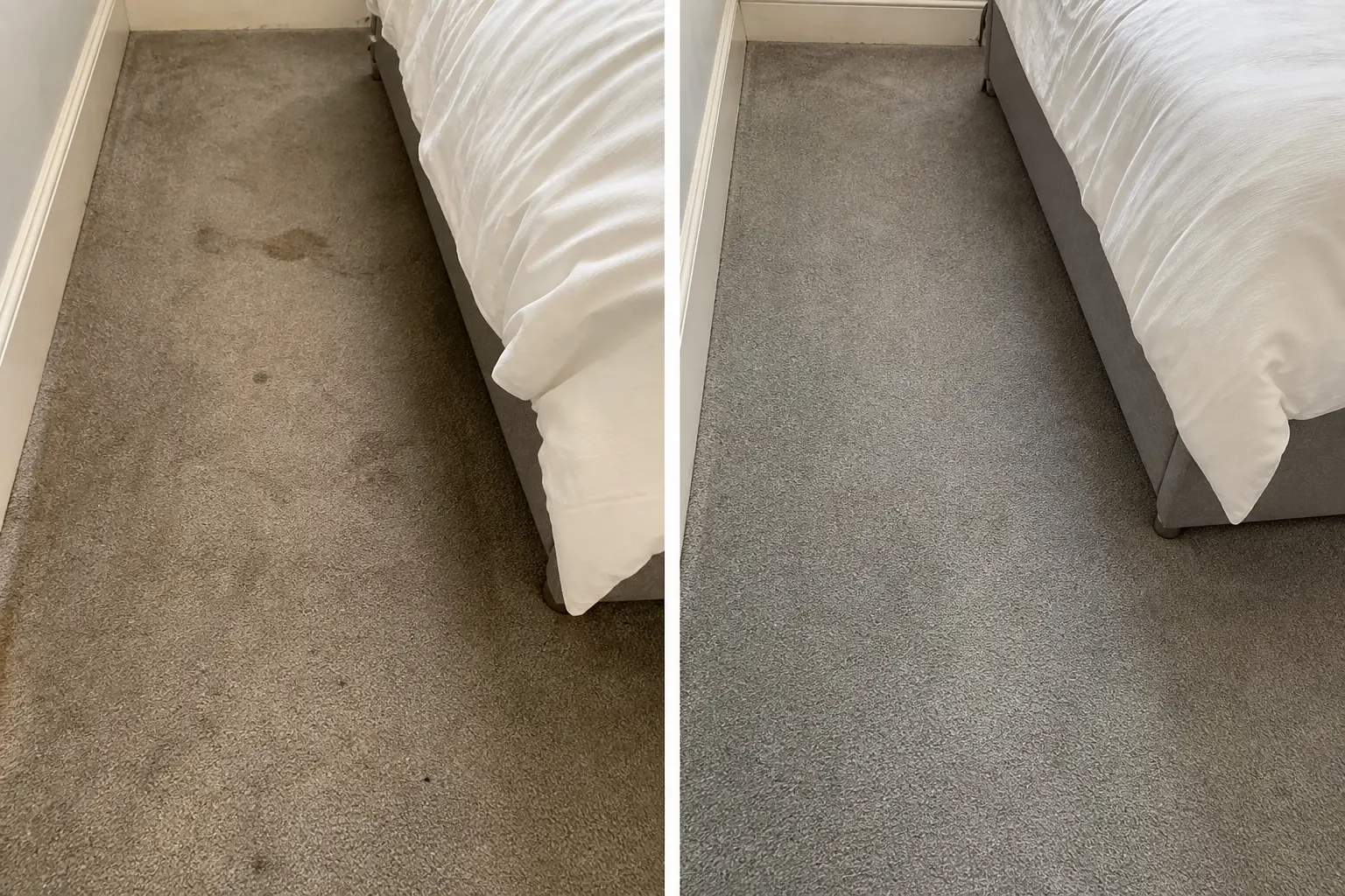 Before and after carpet cleaning in Dublin: stained bedroom carpet beside a bed on the left, clean grey carpet on the right